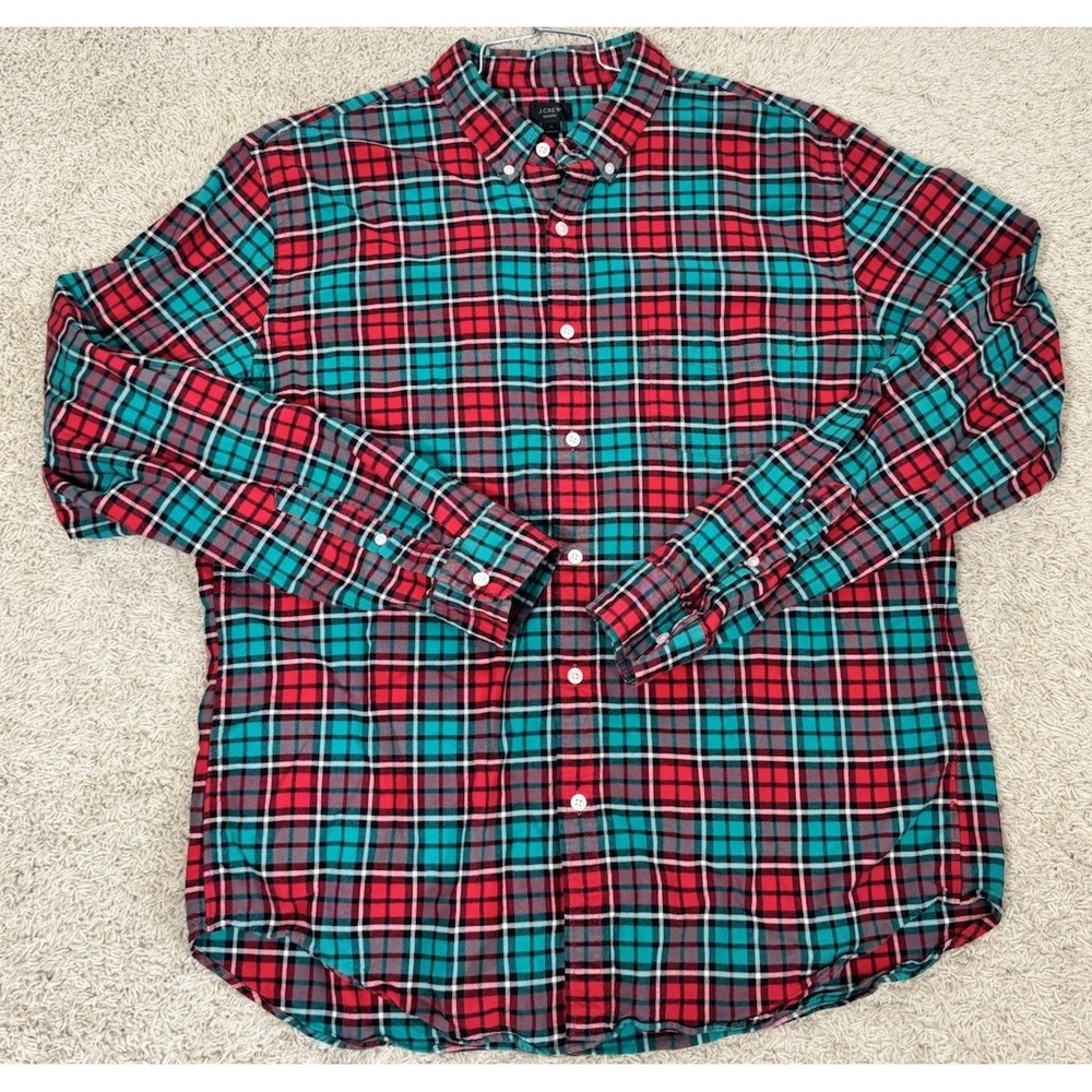 J. Crew Men's Oxford Red Green Plaid Button Down Long Sleeve‎ Shirt XL Holiday